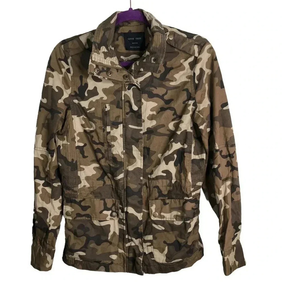 Love Tree Military Brown Camo Cinched Waist Long Sleeve Jacket Medium - Picture 1 of 5